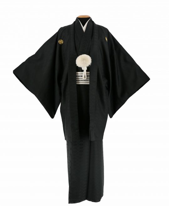 紋付袴レンタル・成人式・結婚式・卒業式|黒　菱に花菱と若松菱[身長180cm対応]No.315